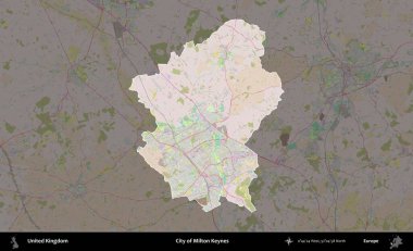Milton Keynes şehri. Birleşik Krallık 'ın idari alanı koyu renk bir OpenStreetMap Standart Haritası üzerine vurgulanmış ve özetlenmiştir