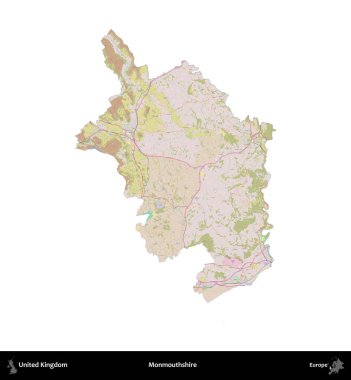 Monmouthshire 'da. Birleşik Krallık 'ın idari alanı OpenStreetMap Standart biçim haritasında beyazda izole edildi