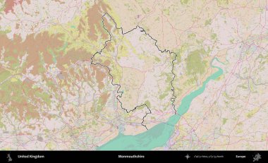 Monmouthshire 'da. Birleşik Krallık 'ın bir OpenStreetMap Standart biçim haritasında özetlenmiş idari alanı