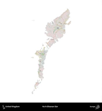 Hayır, Eileanan Siar. Birleşik Krallık 'ın idari alanı OpenStreetMap Standart biçim haritasında beyazda izole edildi