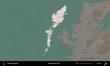 Hayır, Eileanan Siar. Birleşik Krallık 'ın idari alanı koyu renk bir OpenStreetMap Standart Haritası üzerine vurgulanmış ve özetlenmiştir