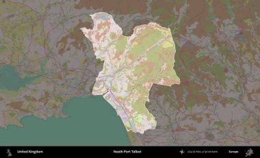 Talbot Limanı 'nın yanında. Birleşik Krallık 'ın idari alanı koyu renk bir OpenStreetMap Standart Haritası üzerine vurgulanmış ve özetlenmiştir