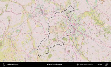 Adı Newcastle-under-Lyme. Birleşik Krallık 'ın bir OpenStreetMap Standart biçim haritasında özetlenmiş idari alanı