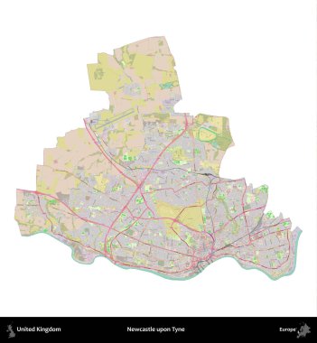 Newcastle Tyne 'da. Birleşik Krallık 'ın idari alanı OpenStreetMap Standart biçim haritasında beyazda izole edildi