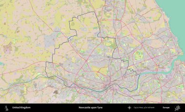 Newcastle Tyne 'da. Birleşik Krallık 'ın bir OpenStreetMap Standart biçim haritasında özetlenmiş idari alanı