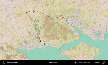 Yeni Orman. Birleşik Krallık 'ın bir OpenStreetMap Standart biçim haritasında özetlenmiş idari alanı