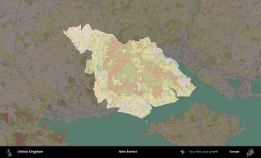 Yeni Orman. Birleşik Krallık 'ın idari alanı koyu renk bir OpenStreetMap Standart Haritası üzerine vurgulanmış ve özetlenmiştir