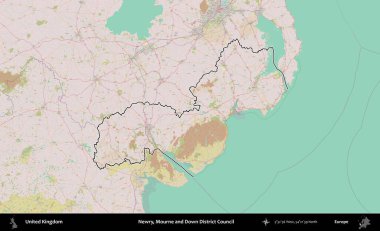 Newry, Mourne ve Down Bölge Konseyi. Birleşik Krallık 'ın bir OpenStreetMap Standart biçim haritasında özetlenmiş idari alanı