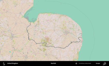 Norfolk. Birleşik Krallık 'ın bir OpenStreetMap Standart biçim haritasında özetlenmiş idari alanı