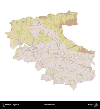 Kuzey Devon. Birleşik Krallık 'ın idari alanı OpenStreetMap Standart biçim haritasında beyazda izole edildi