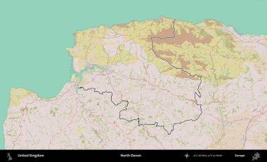 Kuzey Devon. Birleşik Krallık 'ın bir OpenStreetMap Standart biçim haritasında özetlenmiş idari alanı