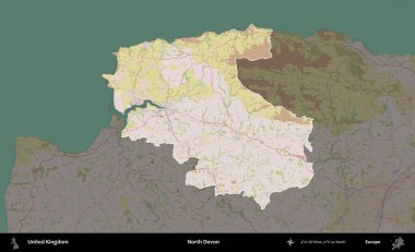 Kuzey Devon. Birleşik Krallık 'ın idari alanı koyu renk bir OpenStreetMap Standart Haritası üzerine vurgulanmış ve özetlenmiştir