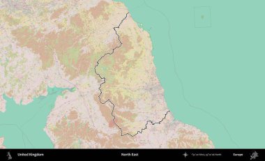 Kuzeydoğu. Birleşik Krallık 'ın bir OpenStreetMap Standart biçim haritasında özetlenmiş idari alanı