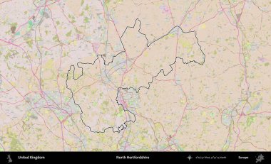 Kuzey Hertfordshire. Birleşik Krallık 'ın bir OpenStreetMap Standart biçim haritasında özetlenmiş idari alanı