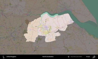 Kuzey Hughnshire 'da. Birleşik Krallık 'ın idari alanı koyu renk bir OpenStreetMap Standart Haritası üzerine vurgulanmış ve özetlenmiştir
