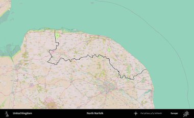 Kuzey Norfolk. Birleşik Krallık 'ın bir OpenStreetMap Standart biçim haritasında özetlenmiş idari alanı