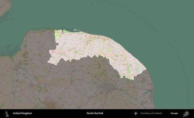 Kuzey Norfolk. Birleşik Krallık 'ın idari alanı koyu renk bir OpenStreetMap Standart Haritası üzerine vurgulanmış ve özetlenmiştir