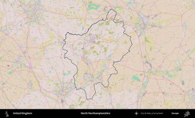Kuzey Northamptonshire. Birleşik Krallık 'ın bir OpenStreetMap Standart biçim haritasında özetlenmiş idari alanı