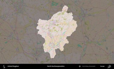Kuzey Northamptonshire. Birleşik Krallık 'ın idari alanı koyu renk bir OpenStreetMap Standart Haritası üzerine vurgulanmış ve özetlenmiştir