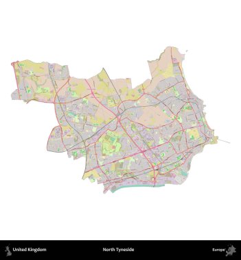 Kuzey Tyneside. Birleşik Krallık 'ın idari alanı OpenStreetMap Standart biçim haritasında beyazda izole edildi