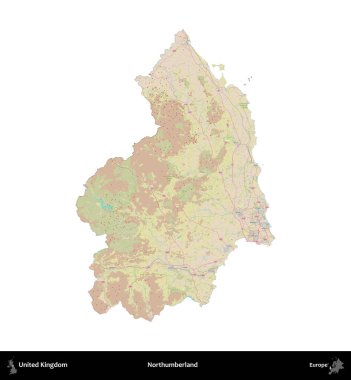 Northumberland 'de. Birleşik Krallık 'ın idari alanı OpenStreetMap Standart biçim haritasında beyazda izole edildi