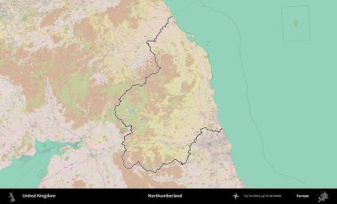 Northumberland 'de. Birleşik Krallık 'ın bir OpenStreetMap Standart biçim haritasında özetlenmiş idari alanı