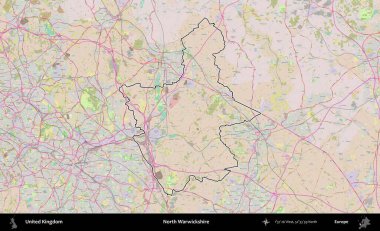 Kuzey Warwickshire. Birleşik Krallık 'ın bir OpenStreetMap Standart biçim haritasında özetlenmiş idari alanı