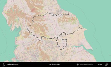 Kuzey Yorkshire. Birleşik Krallık 'ın bir OpenStreetMap Standart biçim haritasında özetlenmiş idari alanı