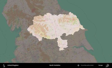 Kuzey Yorkshire. Birleşik Krallık 'ın idari alanı koyu renk bir OpenStreetMap Standart Haritası üzerine vurgulanmış ve özetlenmiştir