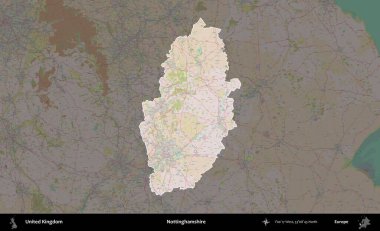 Nottinghamshire 'da. Birleşik Krallık 'ın idari alanı koyu renk bir OpenStreetMap Standart Haritası üzerine vurgulanmış ve özetlenmiştir