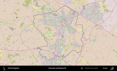 Nuneaton ve Bedworth. Birleşik Krallık 'ın bir OpenStreetMap Standart biçim haritasında özetlenmiş idari alanı