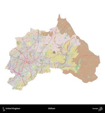 Oldham. Birleşik Krallık 'ın idari alanı OpenStreetMap Standart biçim haritasında beyazda izole edildi