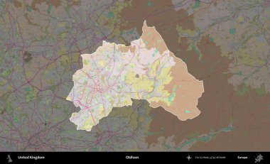 Oldham. Birleşik Krallık 'ın idari alanı koyu renk bir OpenStreetMap Standart Haritası üzerine vurgulanmış ve özetlenmiştir
