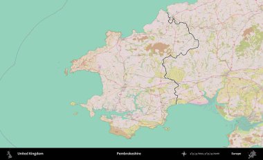 Pembrokeshire. Birleşik Krallık 'ın bir OpenStreetMap Standart biçim haritasında özetlenmiş idari alanı
