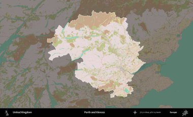 Perth ve Kinross. Birleşik Krallık 'ın idari alanı koyu renk bir OpenStreetMap Standart Haritası üzerine vurgulanmış ve özetlenmiştir