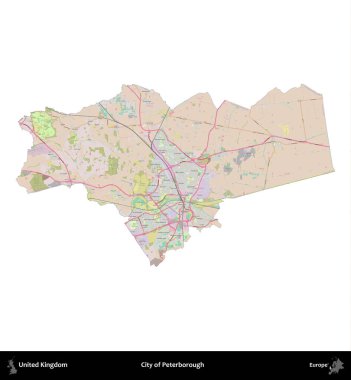 Peterborough şehri. Birleşik Krallık 'ın idari alanı OpenStreetMap Standart biçim haritasında beyazda izole edildi