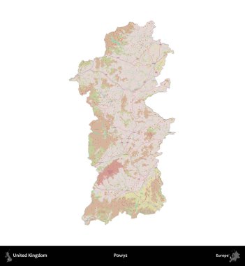 Powys. Birleşik Krallık 'ın idari alanı OpenStreetMap Standart biçim haritasında beyazda izole edildi