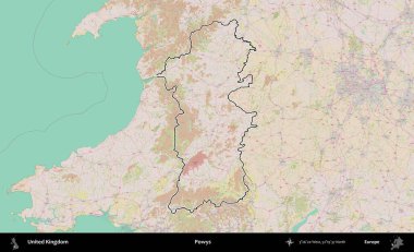 Powys. Birleşik Krallık 'ın bir OpenStreetMap Standart biçim haritasında özetlenmiş idari alanı