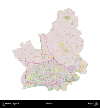 Preston. Birleşik Krallık 'ın idari alanı OpenStreetMap Standart biçim haritasında beyazda izole edildi