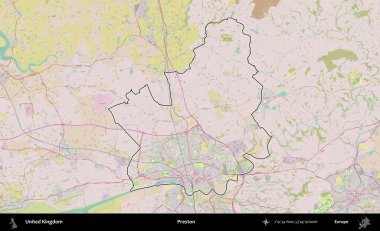 Preston. Birleşik Krallık 'ın bir OpenStreetMap Standart biçim haritasında özetlenmiş idari alanı