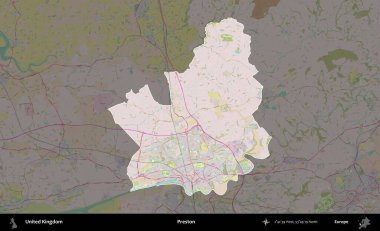 Preston. Birleşik Krallık 'ın idari alanı koyu renk bir OpenStreetMap Standart Haritası üzerine vurgulanmış ve özetlenmiştir