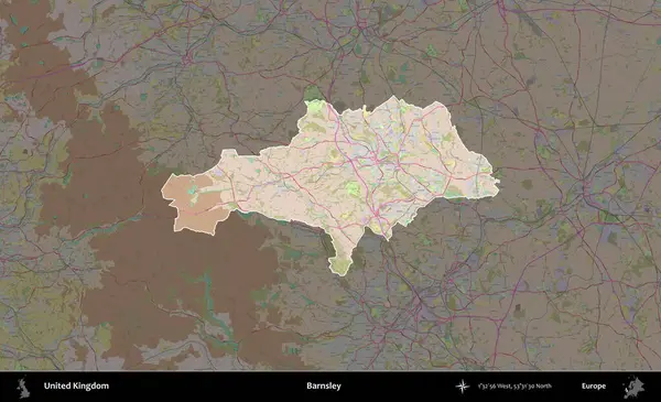 Barnsley. Birleşik Krallık 'ın idari alanı koyu renk bir OpenStreetMap Standart Haritası üzerine vurgulanmış ve özetlenmiştir
