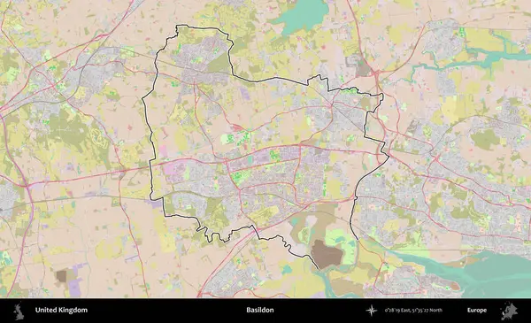 Basildon. Birleşik Krallık 'ın bir OpenStreetMap Standart biçim haritasında özetlenmiş idari alanı