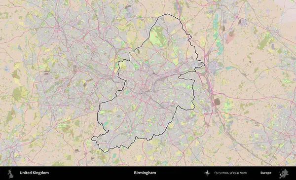 Birmingham. Birleşik Krallık 'ın bir OpenStreetMap Standart biçim haritasında özetlenmiş idari alanı