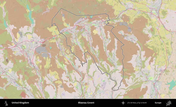 Blaenau Gwent. Birleşik Krallık 'ın bir OpenStreetMap Standart biçim haritasında özetlenmiş idari alanı
