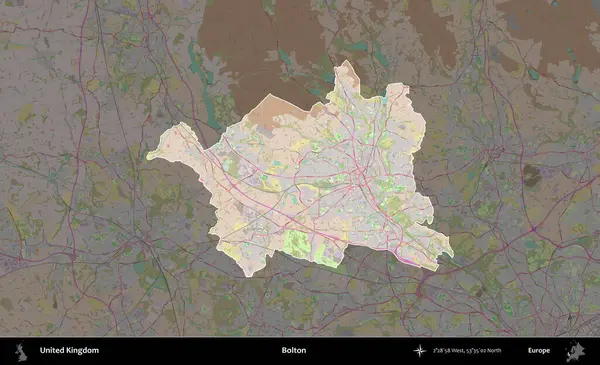 Bolton. Birleşik Krallık 'ın idari alanı koyu renk bir OpenStreetMap Standart Haritası üzerine vurgulanmış ve özetlenmiştir