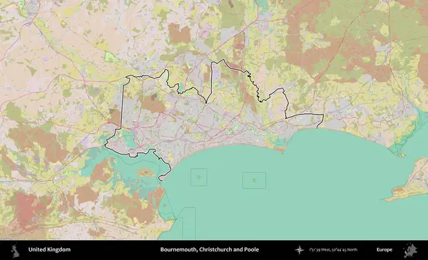 Bournemouth, Christchurch ve Poole. Birleşik Krallık 'ın bir OpenStreetMap Standart biçim haritasında özetlenmiş idari alanı