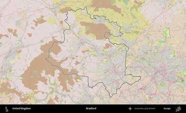 Bradford. Birleşik Krallık 'ın bir OpenStreetMap Standart biçim haritasında özetlenmiş idari alanı