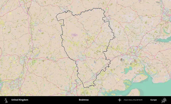 Braintree. Birleşik Krallık 'ın bir OpenStreetMap Standart biçim haritasında özetlenmiş idari alanı