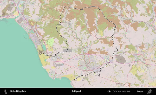Bridgend. Birleşik Krallık 'ın bir OpenStreetMap Standart biçim haritasında özetlenmiş idari alanı